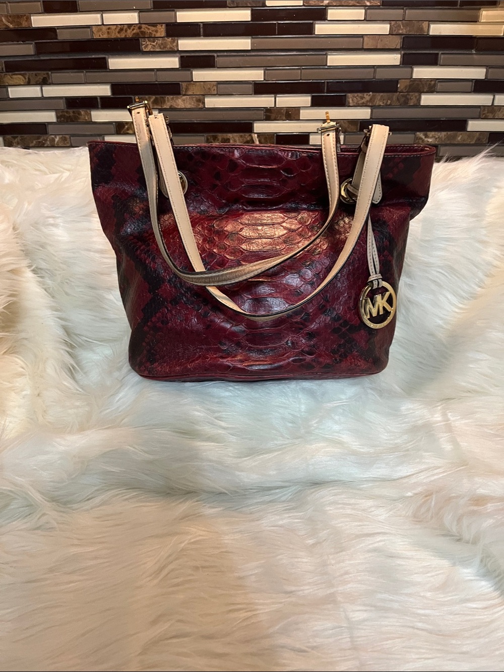 Michael Kors Burgundy Snake-Embossed Tote with Cream Straps